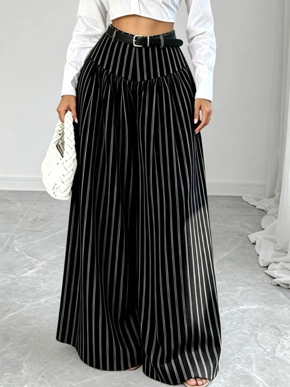 Black Casual Women's French Style Drapey Striped Wide Leg Long Pants - Picture 3 of 7
